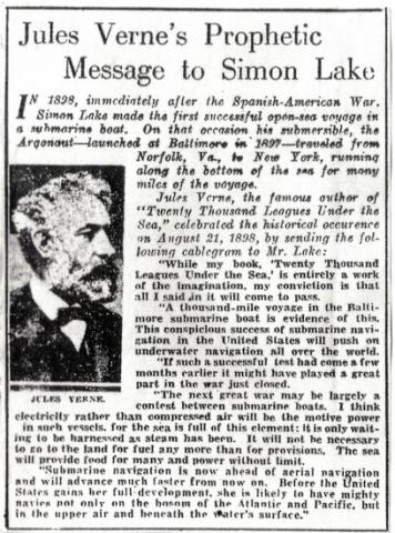 Jules Verne article about Simon Lake.